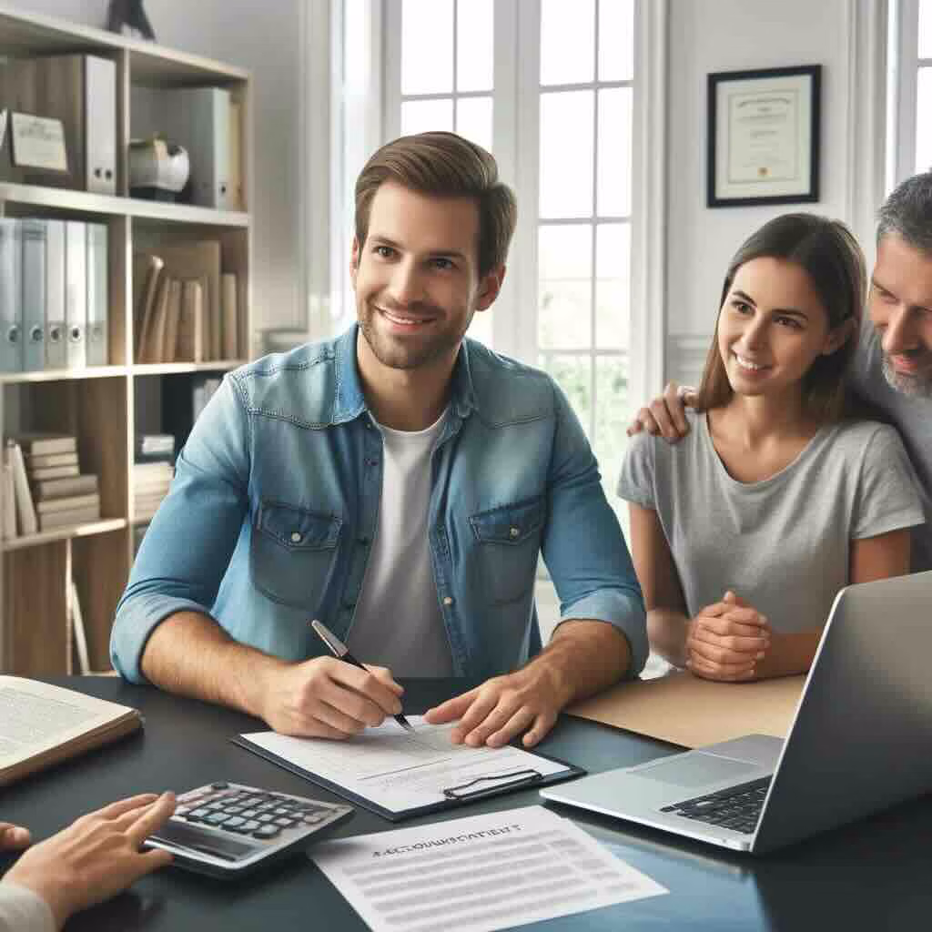 Photo d'un comptable CPA qui règle le dossier de la succession pour ses clients avec la famille du défunt